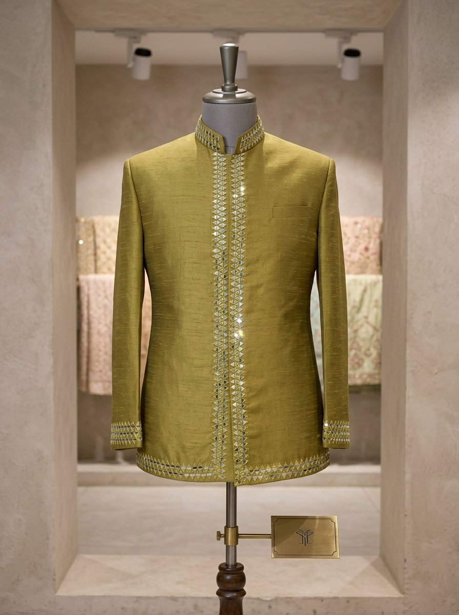 Golden Olive MIrror work Prince Coat
